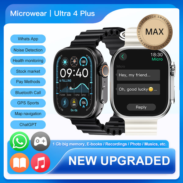 Microwear ULTRA 4 Plus Smartwatch 2.04" AMOLED Display, GPS Sports Tracking, IP68 Waterproof, ChatGPT, Heart Rate & Blood Oxygen Monitoring, ECG, WhatsApp Reply, AI Smart Dial, Wireless Charging, Compatible with Android & iOS