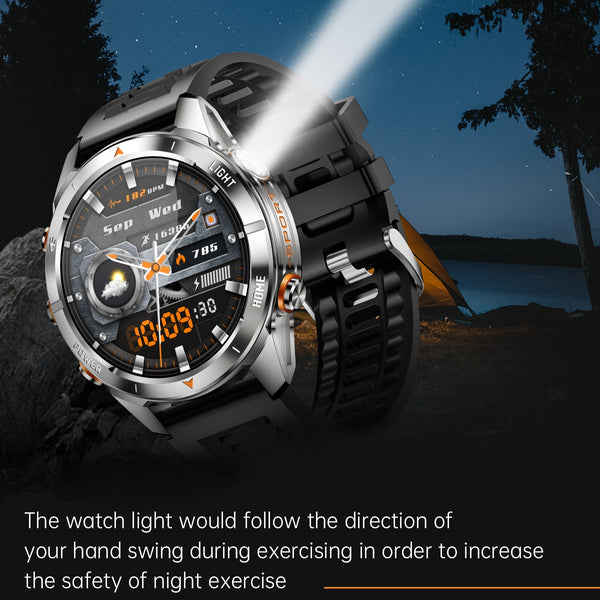 DATEOY KT80 Smartwatch with Strong Flashlight – 1.46” HD Display, Heart Rate & SpO2 Monitoring, 515mAh Battery, IPX8 Waterproof